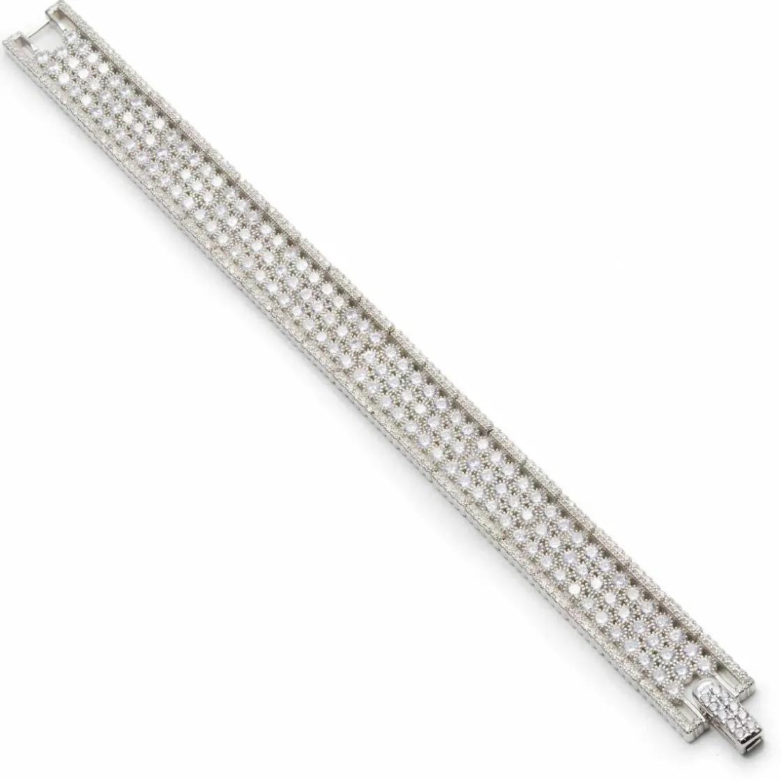 Pulseras Brillantes | LINEARGENT Pulsera riviere de plata con múltiples raíles de cuarzos adamantinos blancos redondos y detalle de circonitas en los lados