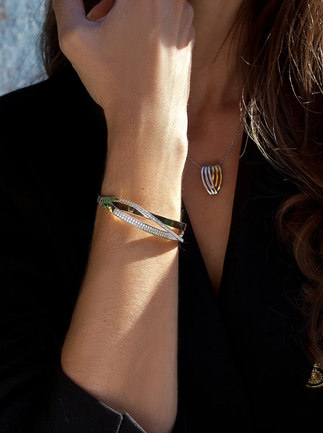 Pulseras Esclavas | LINEARGENT Pulsera esclava de plata diseño bicolor entrecruzado
