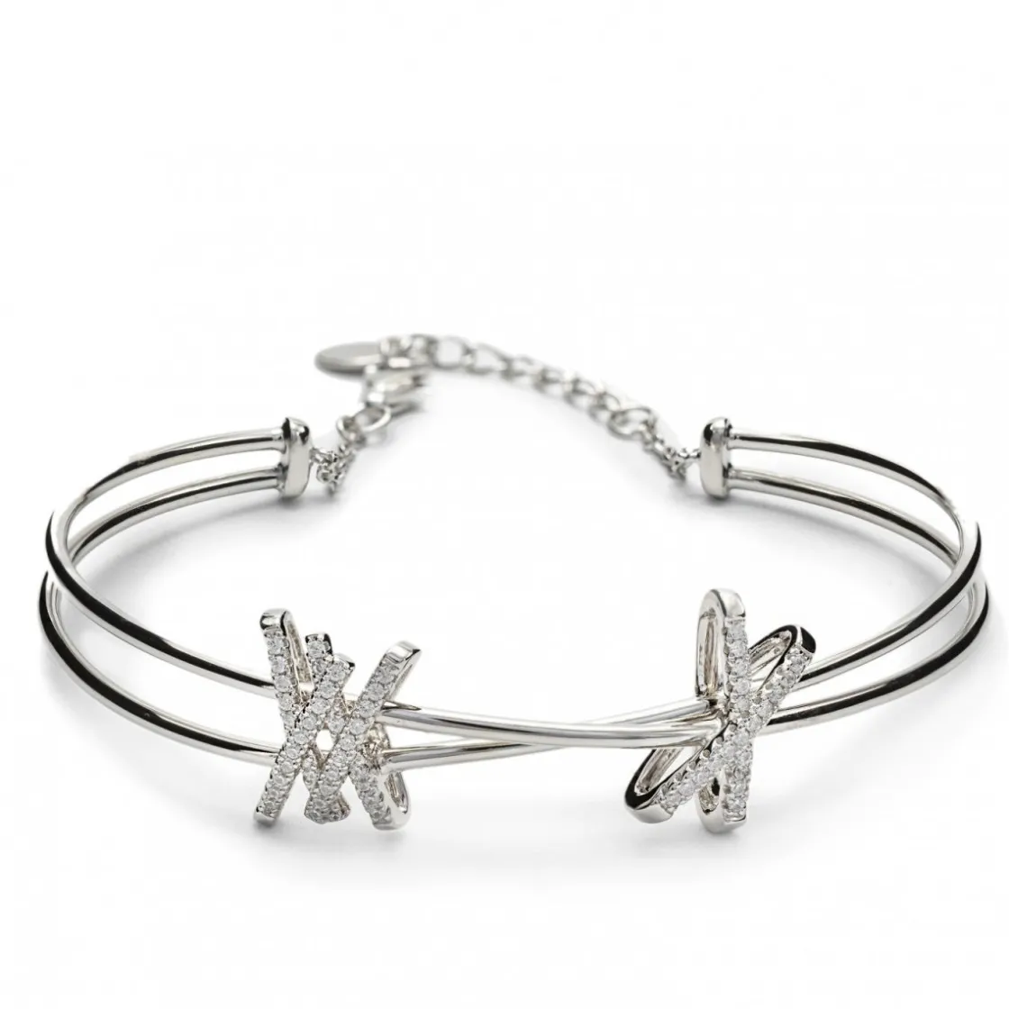 Pulseras Esclavas | LINEARGENT Pulsera esclava de plata diseño doble grapa de circonita y plata lisa