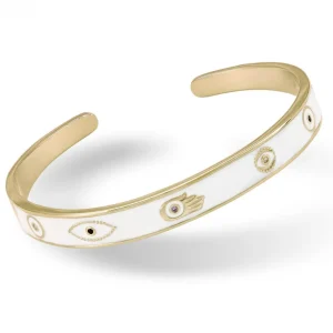Pulseras Esclavas | LINEARGENT Pulsera esclava esmalte en plata diseño ojo y mano de fátima en blanco