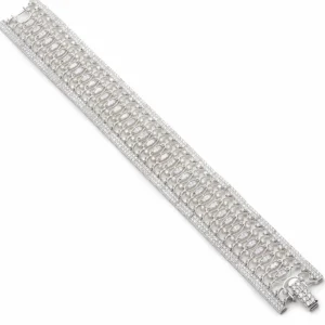 Pulseras Brillantes | LINEARGENT Pulsera gruesa riviere de plata con múltiples raíles de cuarzos adamantinos blancos y detalle de circonitas en los lados