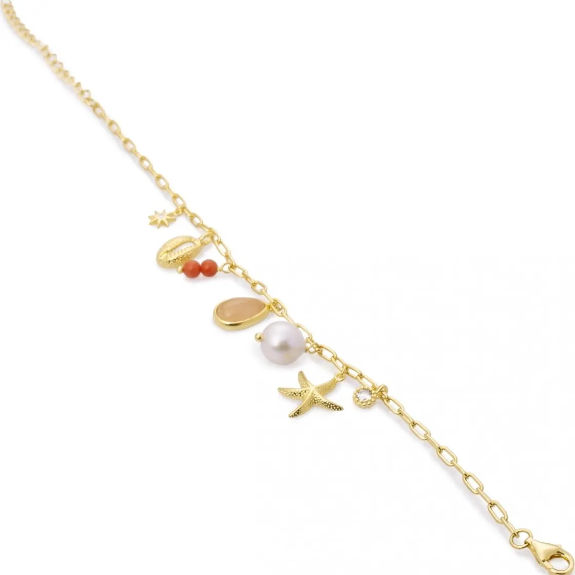 Pulseras Con Colgantes | Pulseras Con Piedras | LINEARGENT Pulseras con colgantes de plata con motivo marino rose quartz y coral