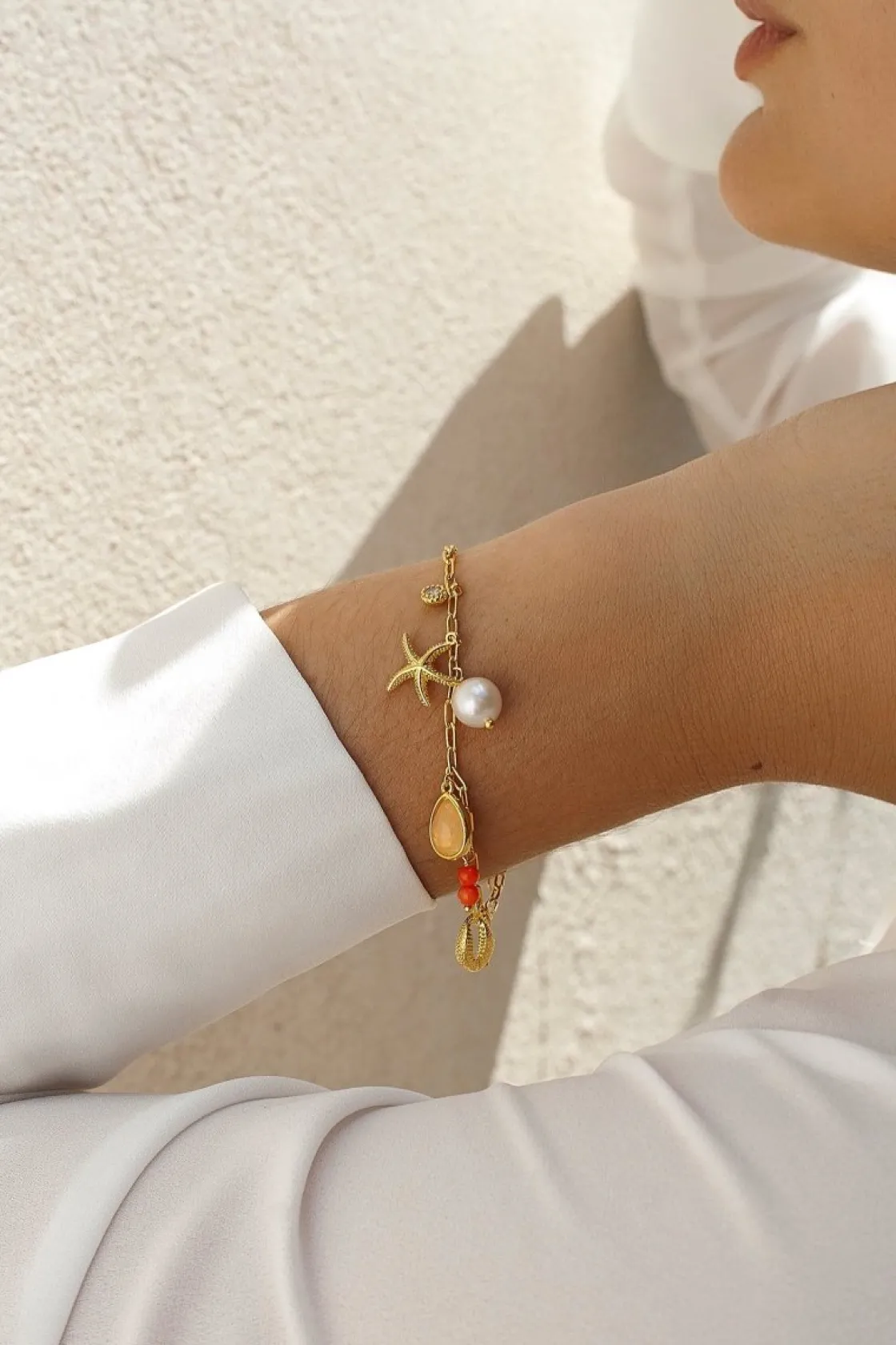 Pulseras Con Colgantes | Pulseras Con Piedras | LINEARGENT Pulseras con colgantes de plata con motivo marino rose quartz y coral