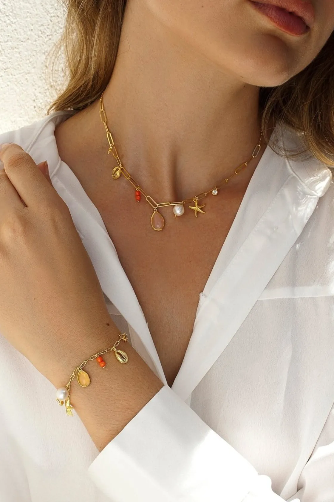 Pulseras Con Colgantes | Pulseras Con Piedras | LINEARGENT Pulseras con colgantes de plata con motivo marino rose quartz y coral