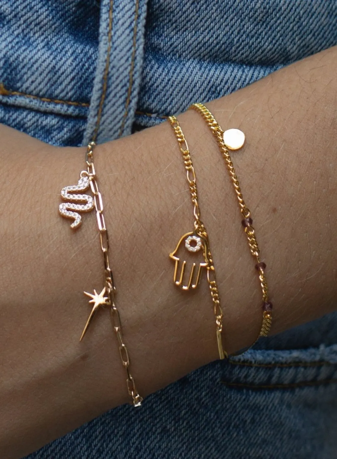 Pulseras Con Colgantes | LINEARGENT Pulseras con colgantes diseño doble cadena con motivo de mano de fátima