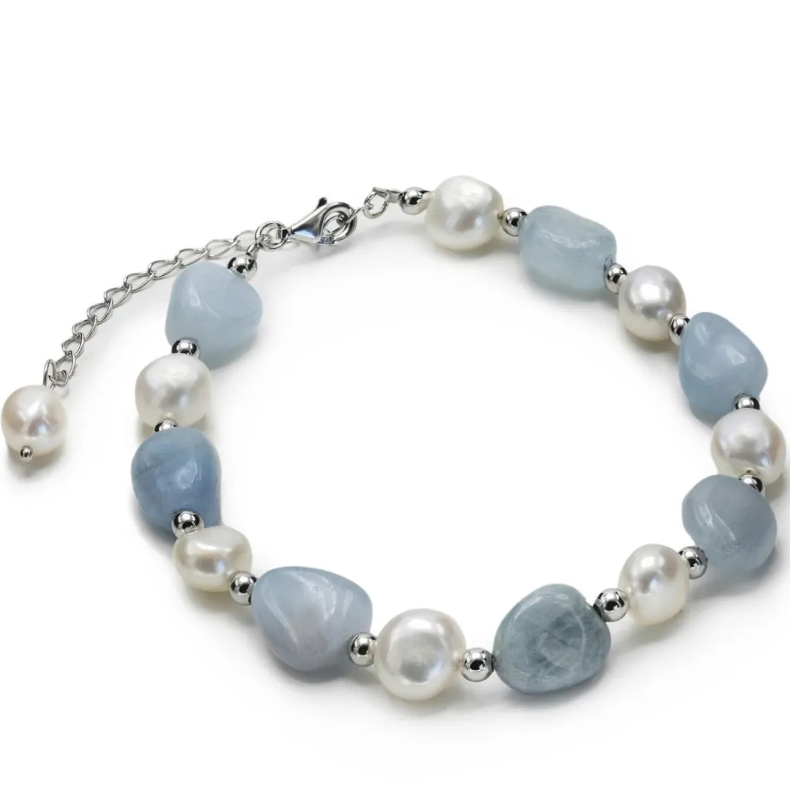 Pulsera De Bolas | Pulseras Perlas | LINEARGENT Pulseras con piedras de plata aguamarina y perlas de agua dulce