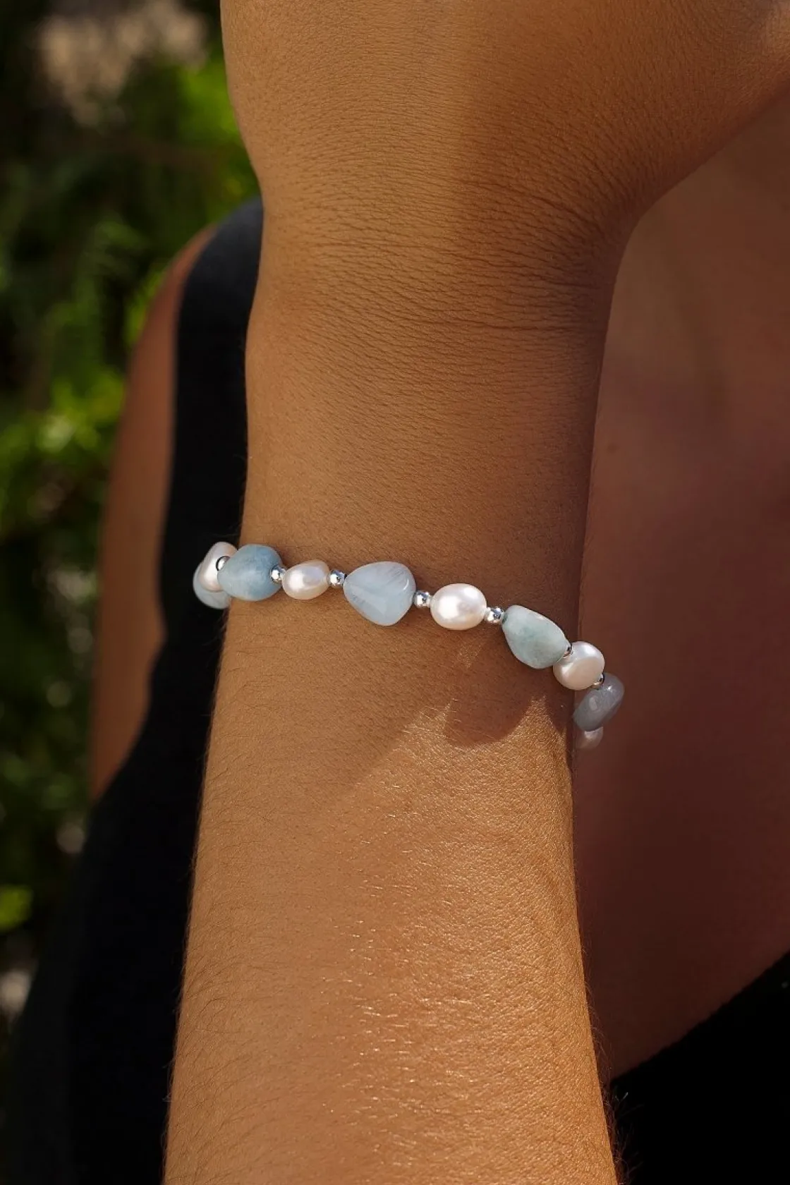 Pulsera De Bolas | Pulseras Perlas | LINEARGENT Pulseras con piedras de plata aguamarina y perlas de agua dulce