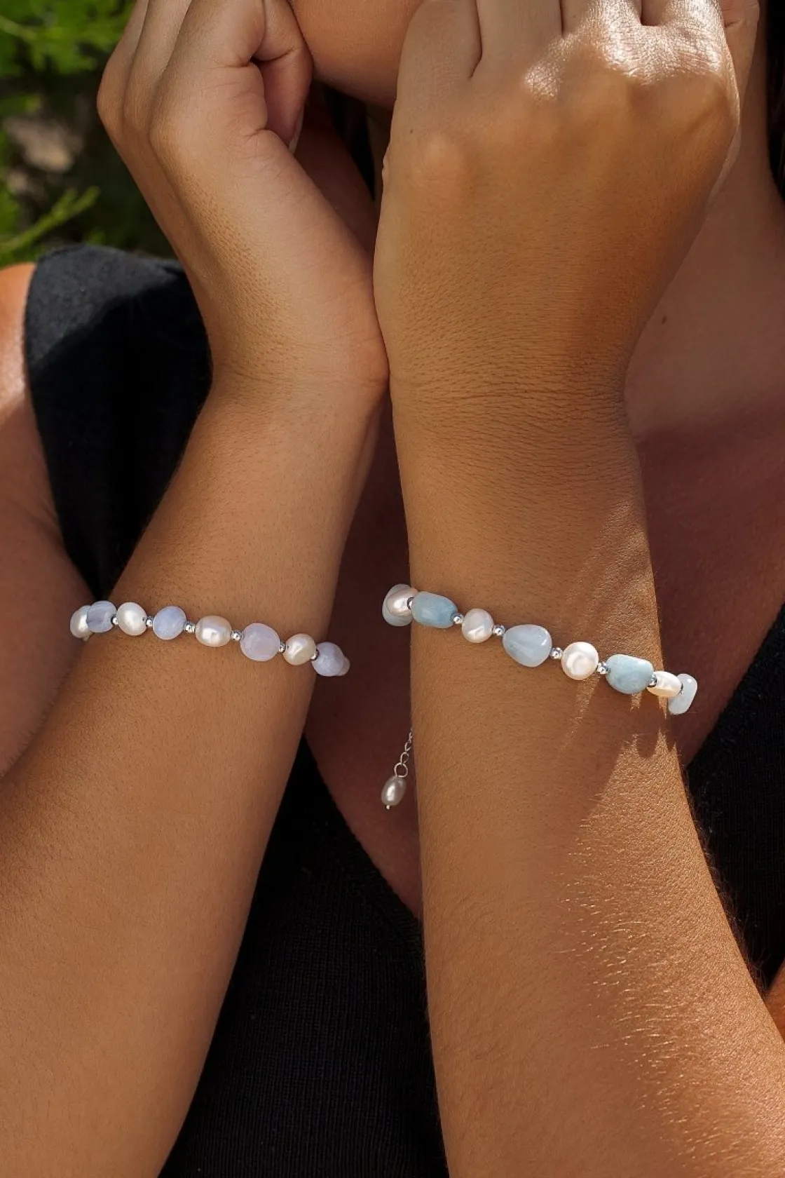Pulsera De Bolas | Pulseras Perlas | LINEARGENT Pulseras con piedras de plata aguamarina y perlas de agua dulce