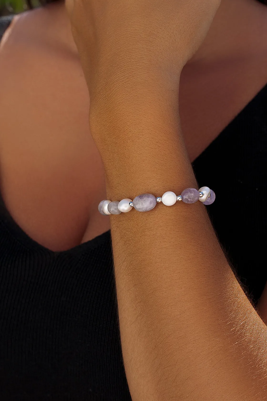 Pulsera De Bolas | Pulseras Perlas | LINEARGENT Pulseras con piedras de plata amatista y perlas de agua dulce