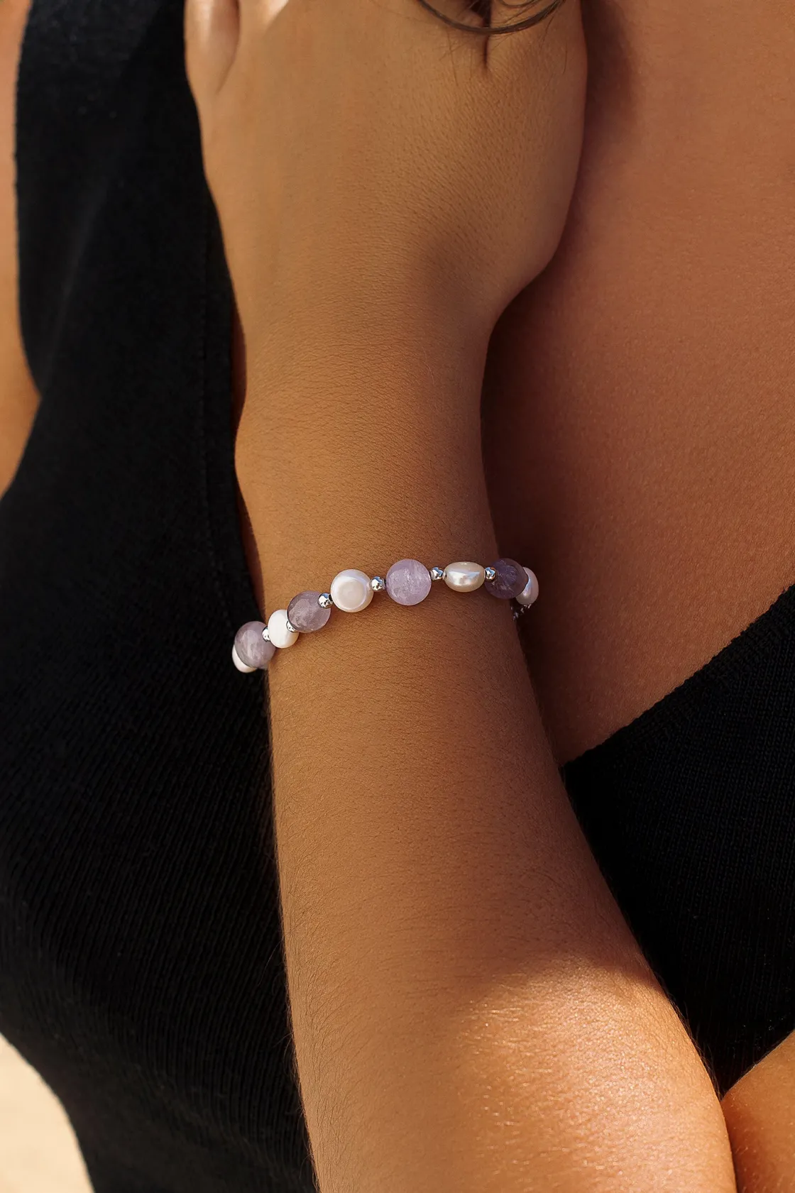 Pulsera De Bolas | Pulseras Perlas | LINEARGENT Pulseras con piedras de plata amatista y perlas de agua dulce