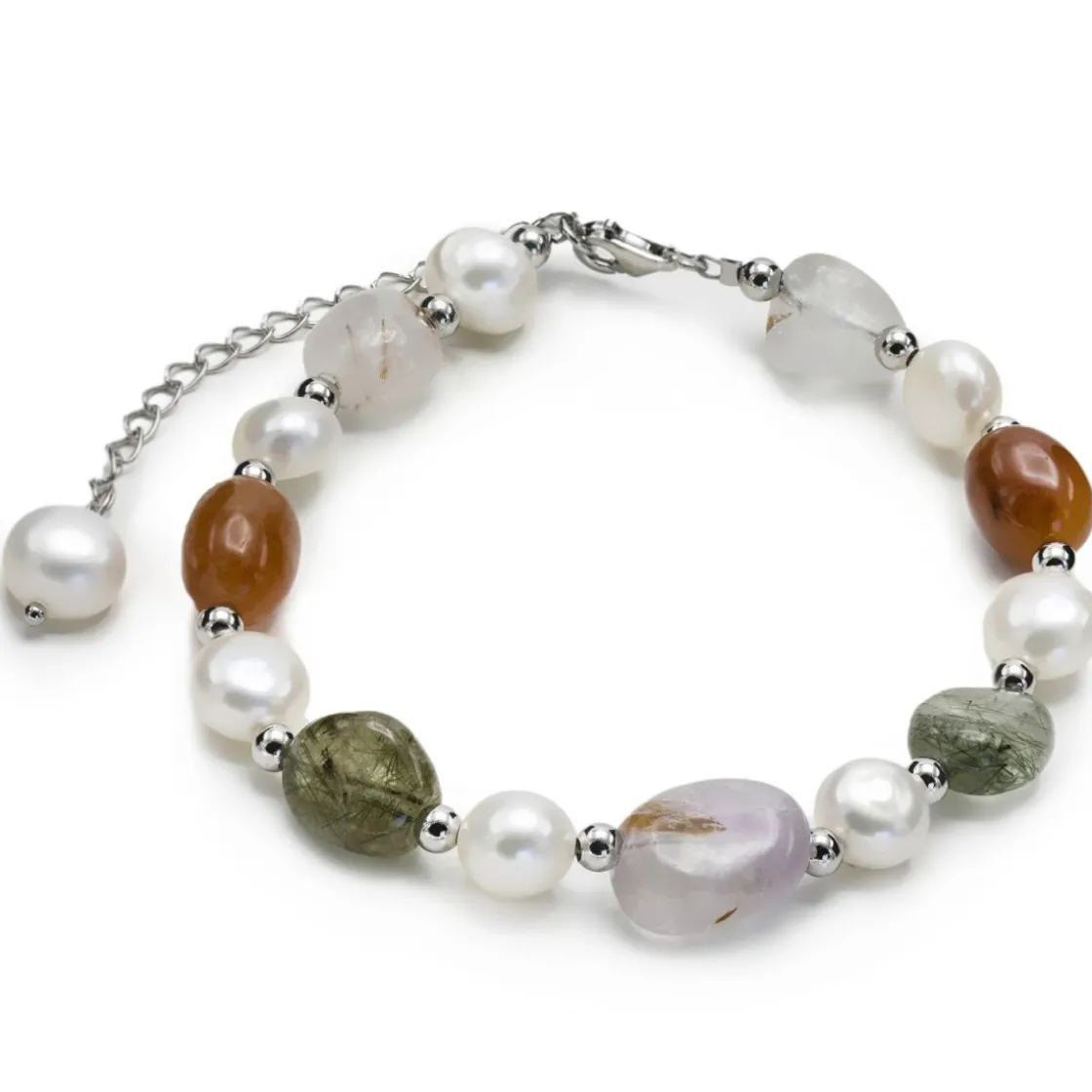 Pulsera De Bolas | Pulseras Perlas | LINEARGENT Pulseras con piedras de plata aventurina naranja cuarzo rosa rutilado y perlas de agua dulce