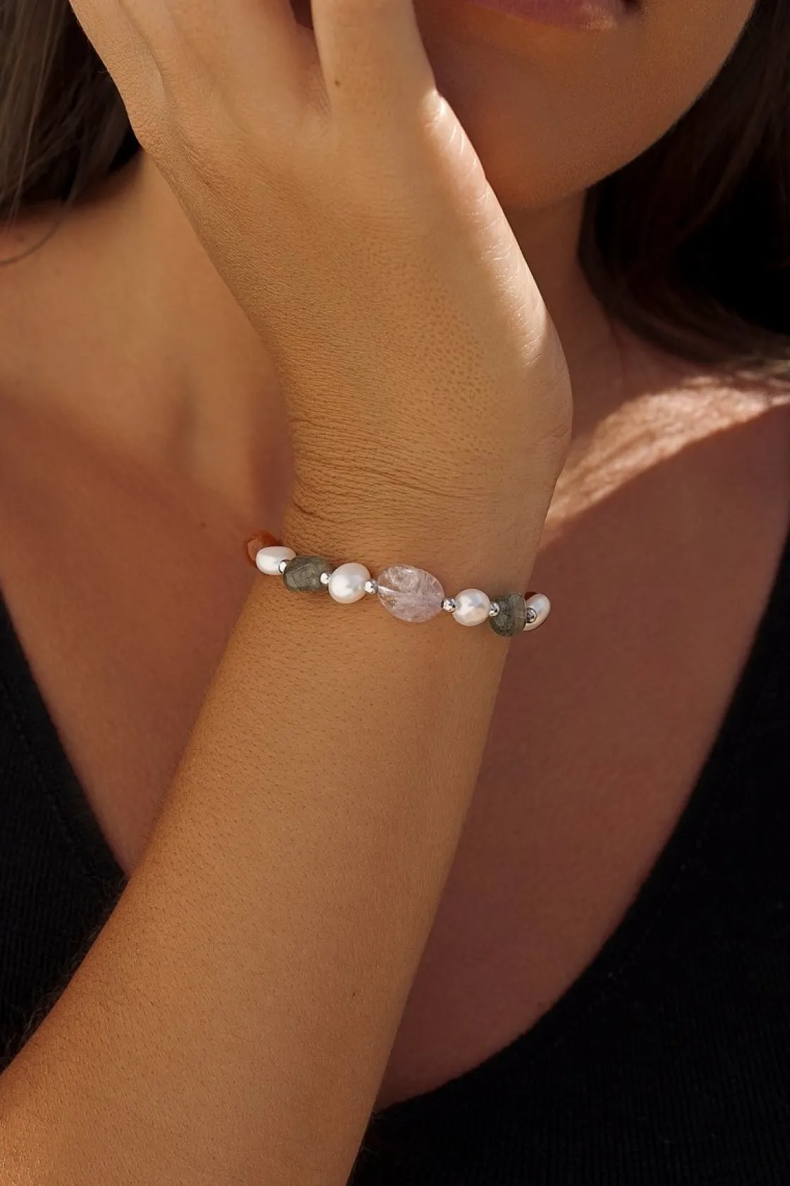 Pulsera De Bolas | Pulseras Perlas | LINEARGENT Pulseras con piedras de plata aventurina naranja cuarzo rosa rutilado y perlas de agua dulce
