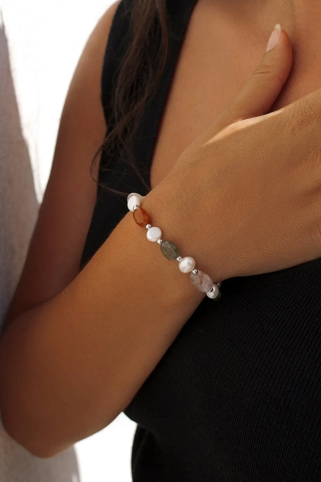Pulsera De Bolas | Pulseras Perlas | LINEARGENT Pulseras con piedras de plata aventurina naranja cuarzo rosa rutilado y perlas de agua dulce
