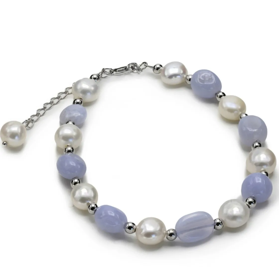 Pulsera De Bolas | Pulseras Perlas | LINEARGENT Pulseras con piedras de plata calcedonia azul y perlas de agua dulce