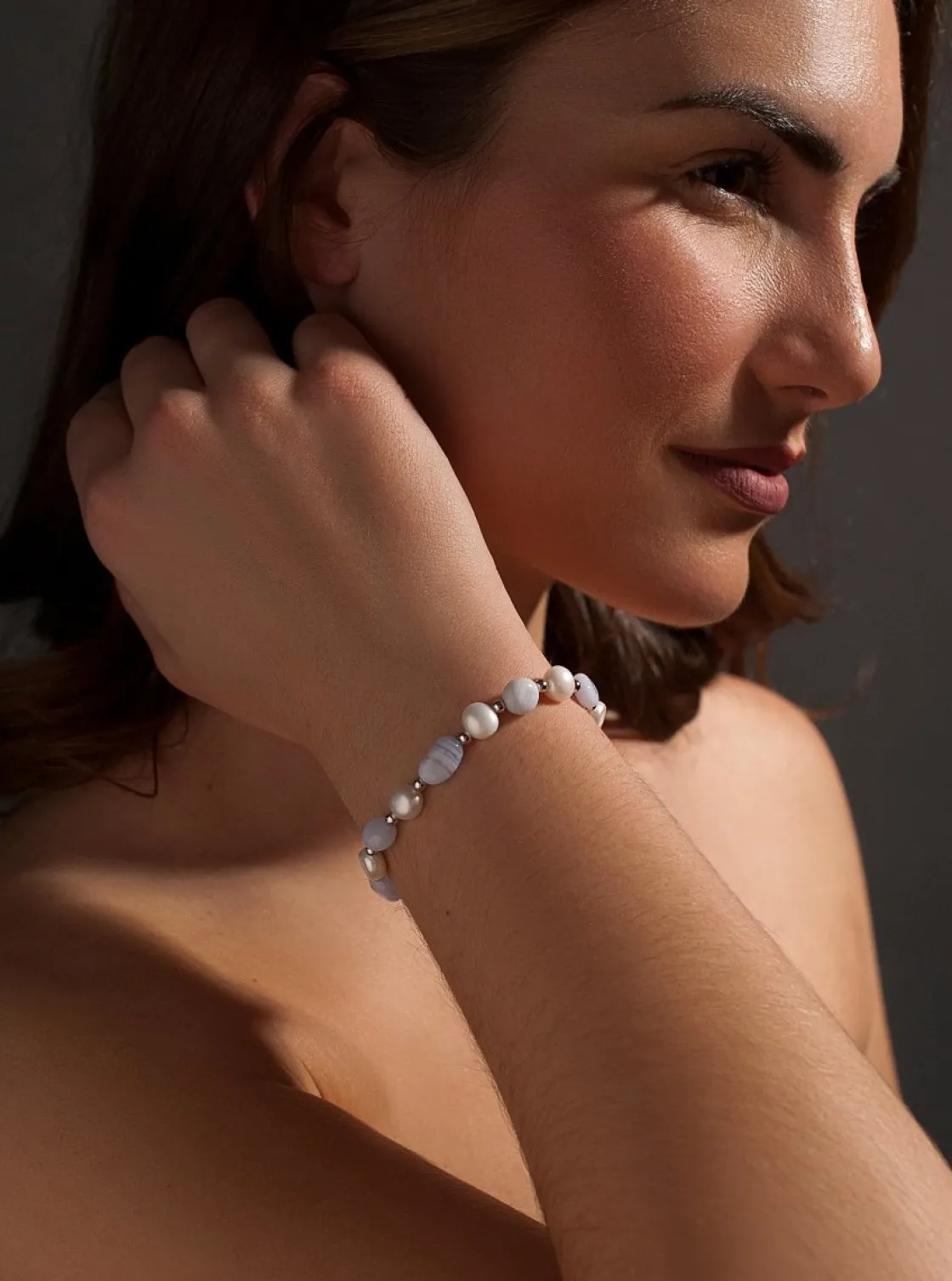 Pulsera De Bolas | Pulseras Perlas | LINEARGENT Pulseras con piedras de plata calcedonia azul y perlas de agua dulce
