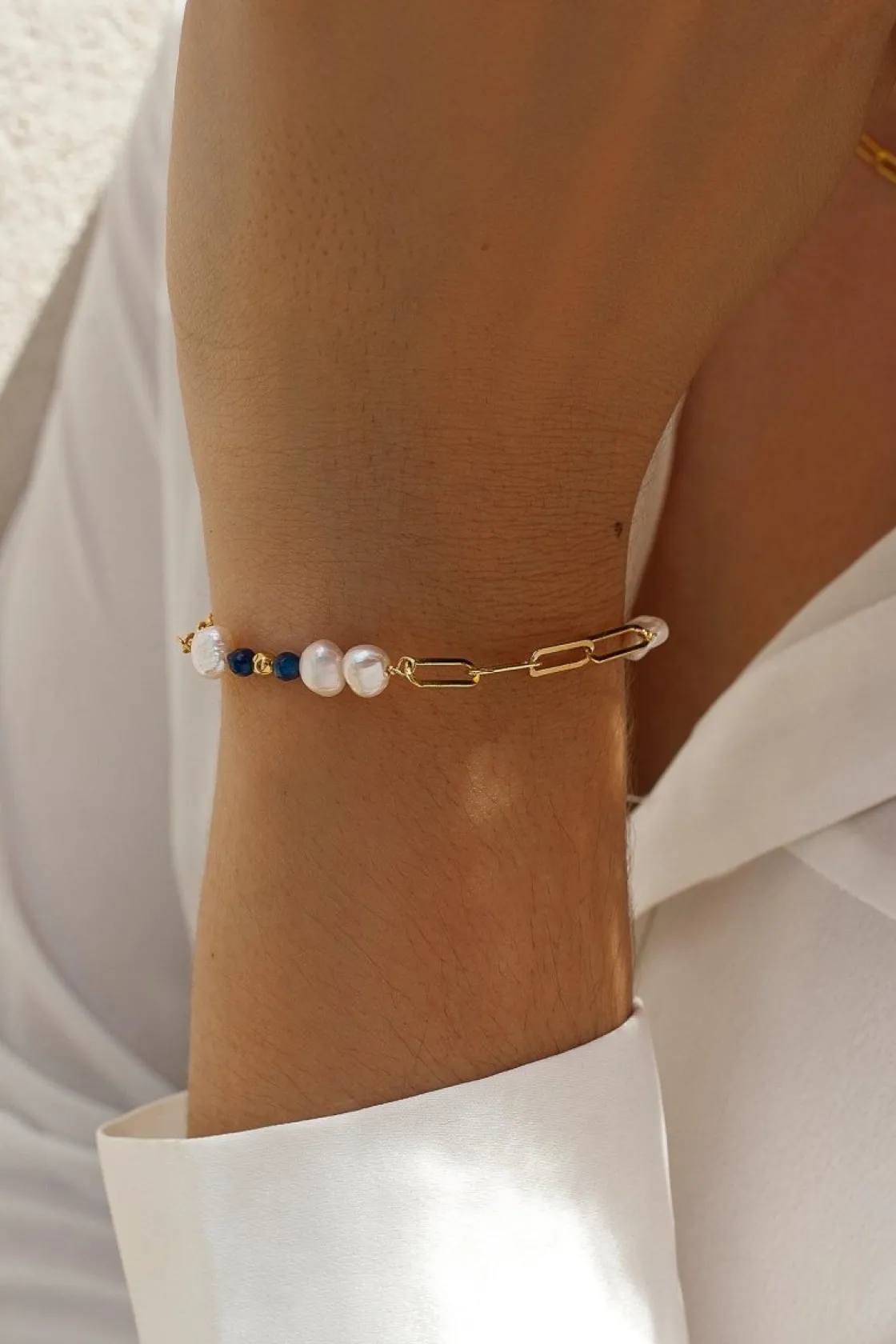 Pulsera De Bolas | Pulseras Perlas | LINEARGENT Pulseras con piedras de plata con perlas de agua dulce y lapislazuli