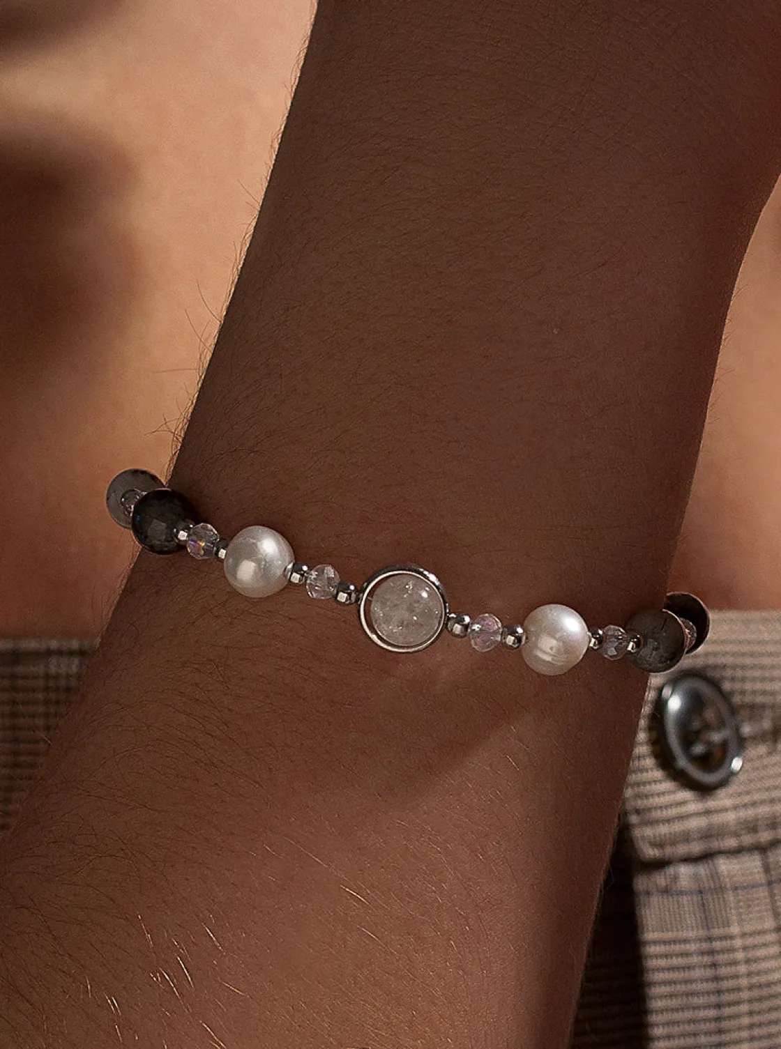 Pulsera De Bolas | Pulseras Perlas | LINEARGENT Pulseras con piedras de plata cuarzo ahumado y perlas de agua dulce