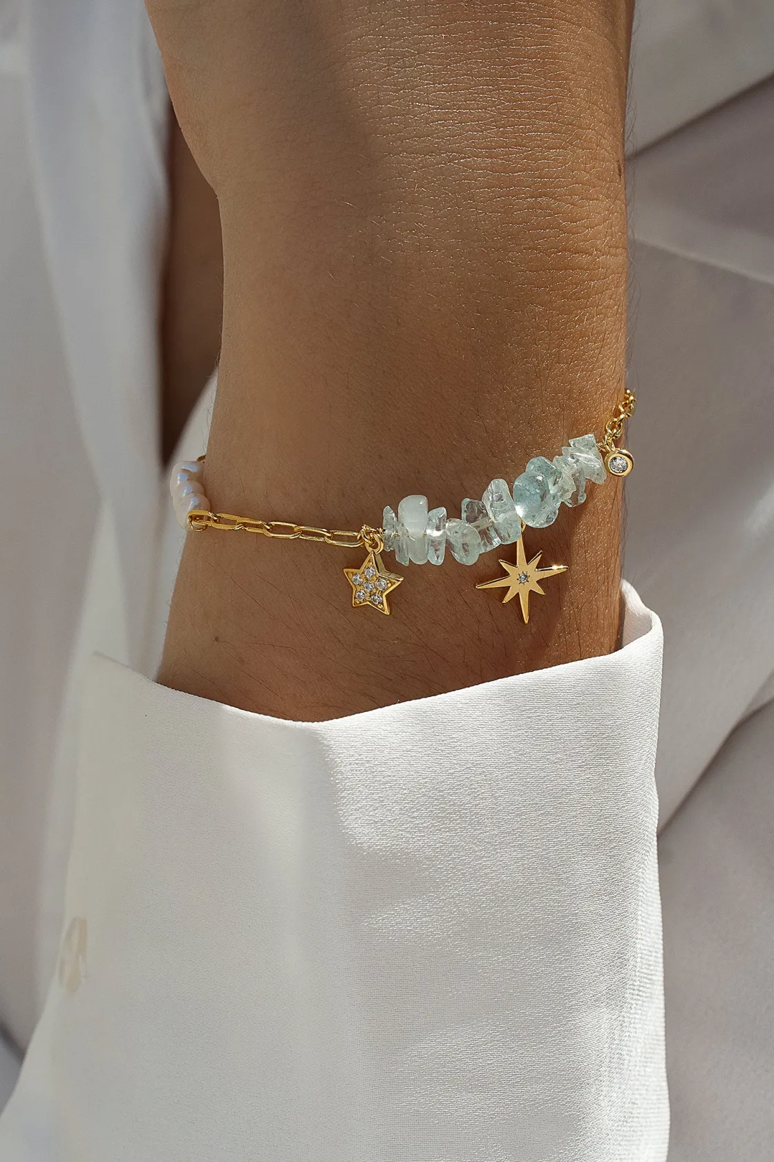 Pulseras Con Colgantes | Pulseras Con Piedras | LINEARGENT Pulseras con piedras de plata diseño colgante de estrella y aquamarine