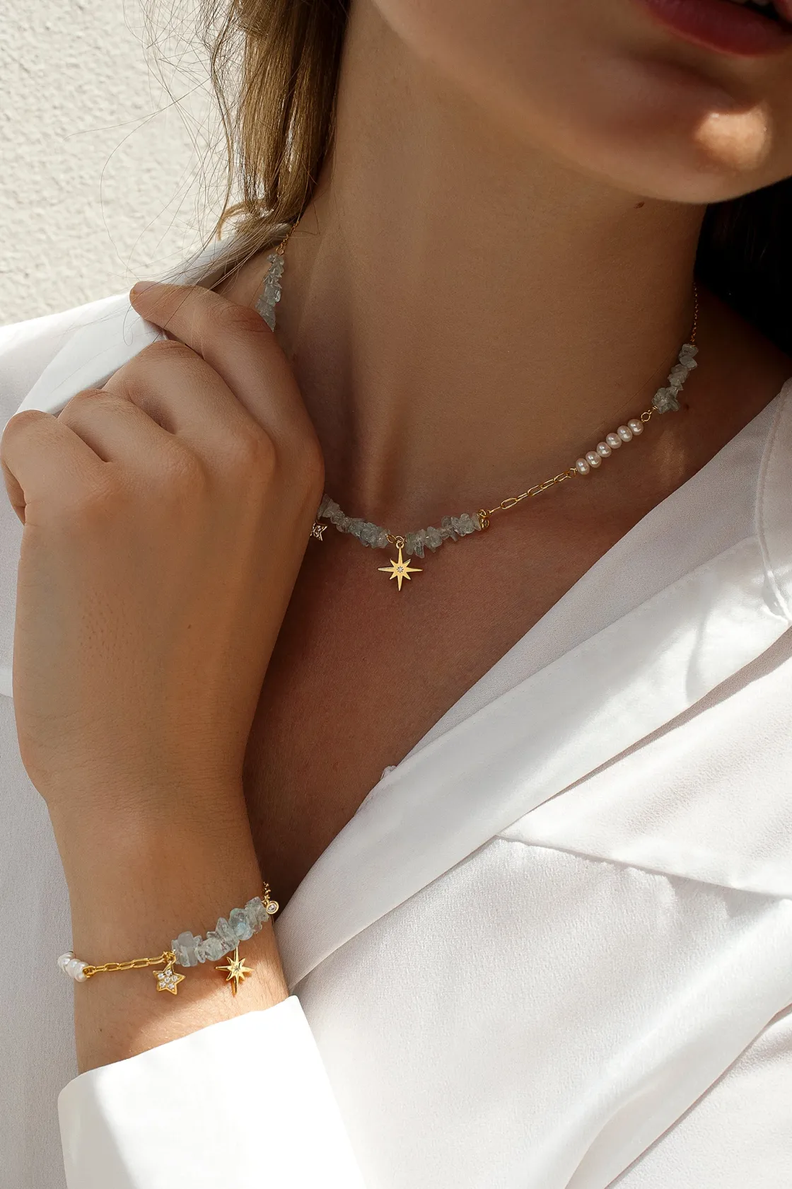 Pulseras Con Colgantes | Pulseras Con Piedras | LINEARGENT Pulseras con piedras de plata diseño colgante de estrella y aquamarine