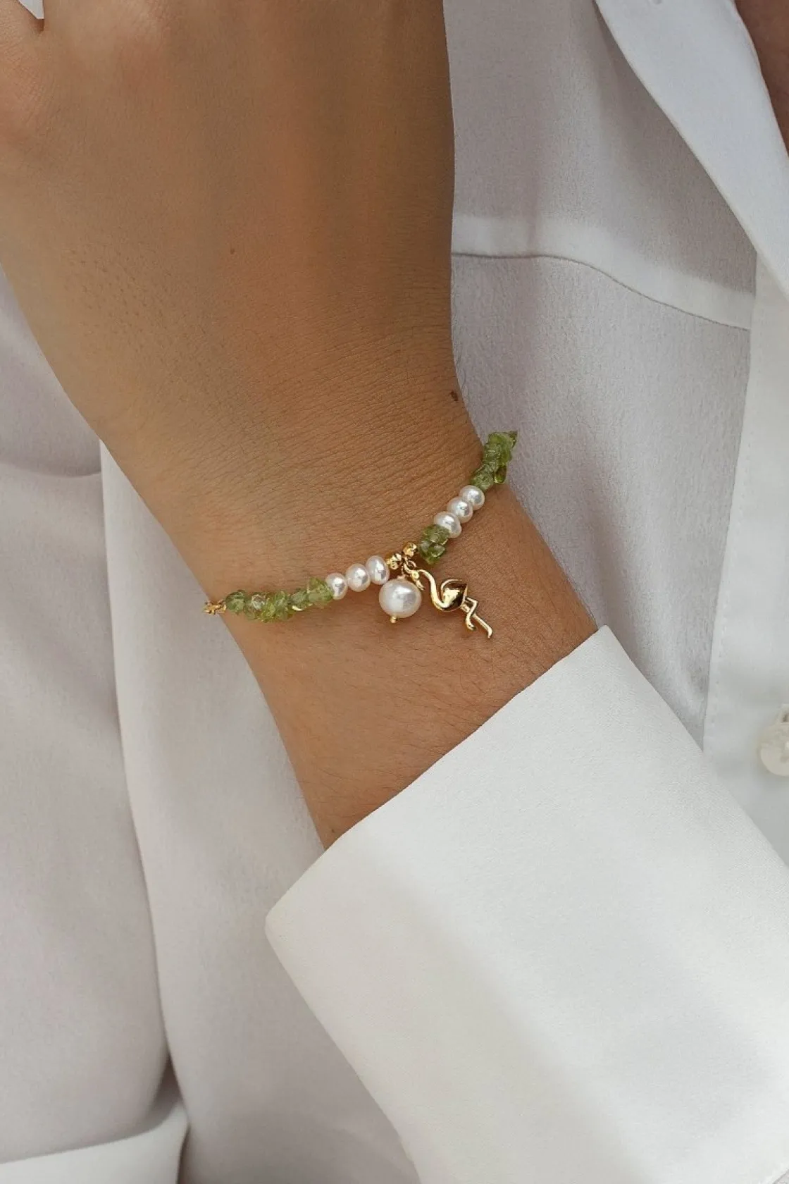 Pulseras Con Colgantes | Pulseras Con Piedras | LINEARGENT Pulseras con piedras de plata diseño colgante de flamenco y peridot