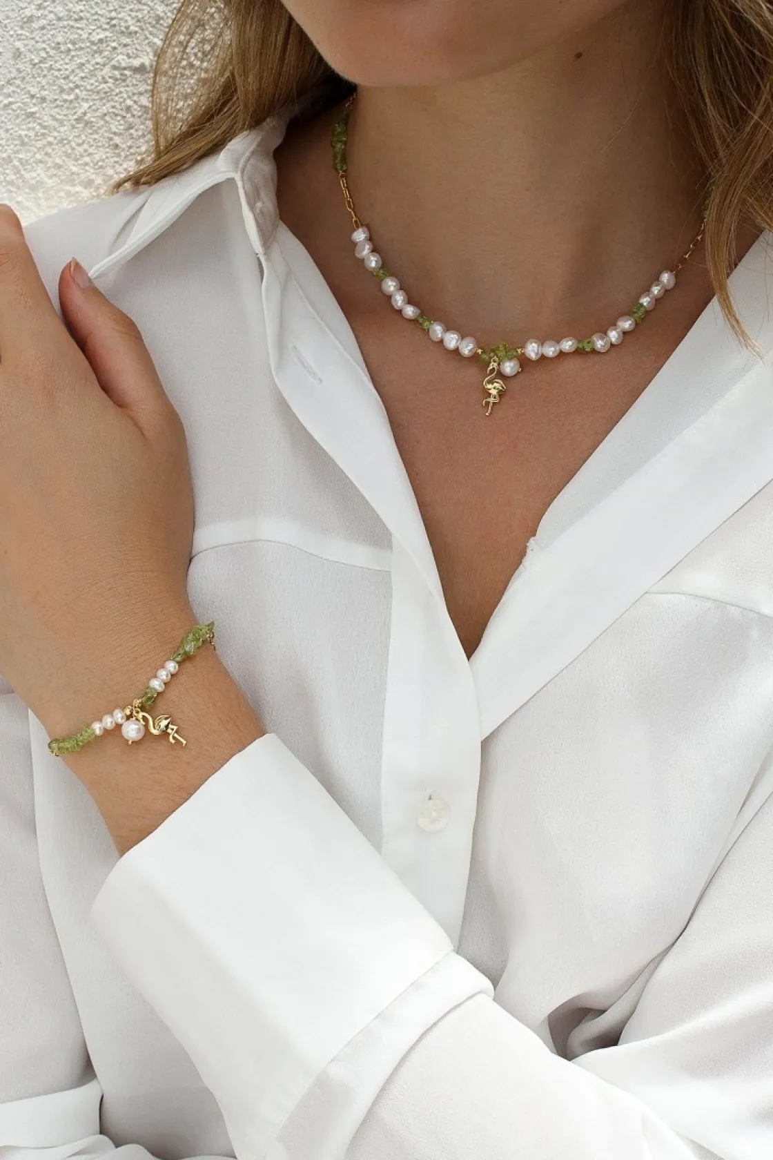 Pulseras Con Colgantes | Pulseras Con Piedras | LINEARGENT Pulseras con piedras de plata diseño colgante de flamenco y peridot