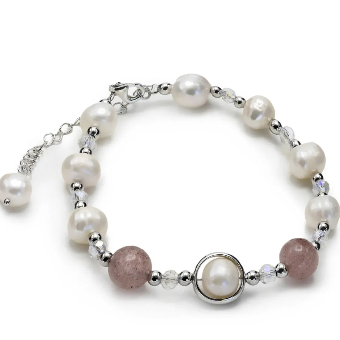 Pulsera De Bolas | Pulseras Perlas | LINEARGENT Pulseras con piedras de plata turmalina rosa y perlas de agua dulce
