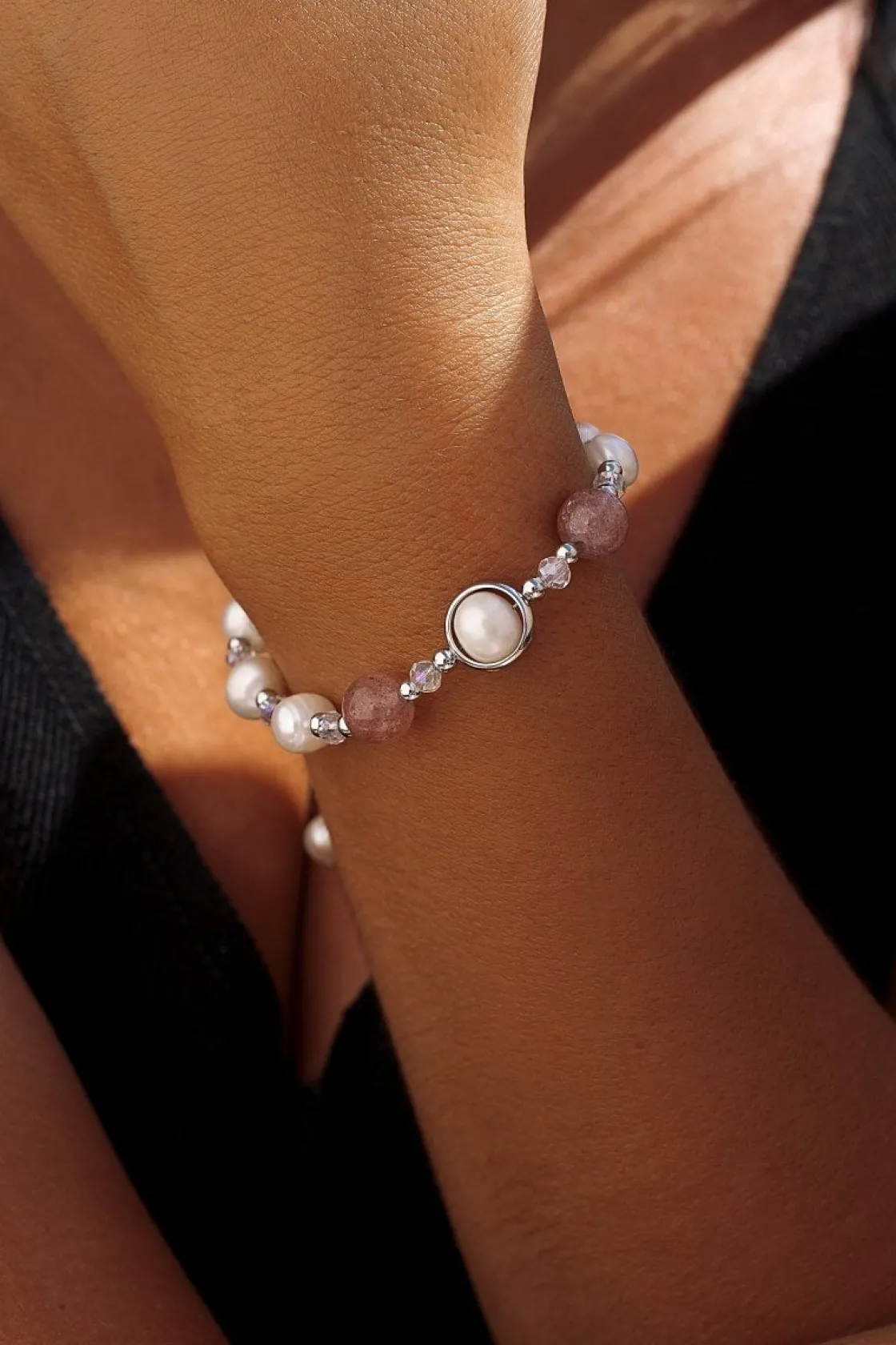 Pulsera De Bolas | Pulseras Perlas | LINEARGENT Pulseras con piedras de plata turmalina rosa y perlas de agua dulce