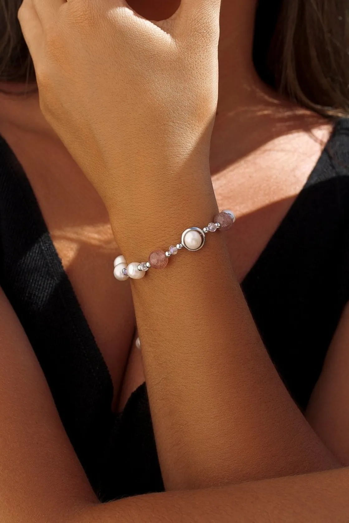 Pulsera De Bolas | Pulseras Perlas | LINEARGENT Pulseras con piedras de plata turmalina rosa y perlas de agua dulce