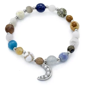 Pulsera De Bolas | Pulseras Con Colgantes | LINEARGENT Pulseras de bolas de plata charm de luna con brillantes y piedras semipreciosas