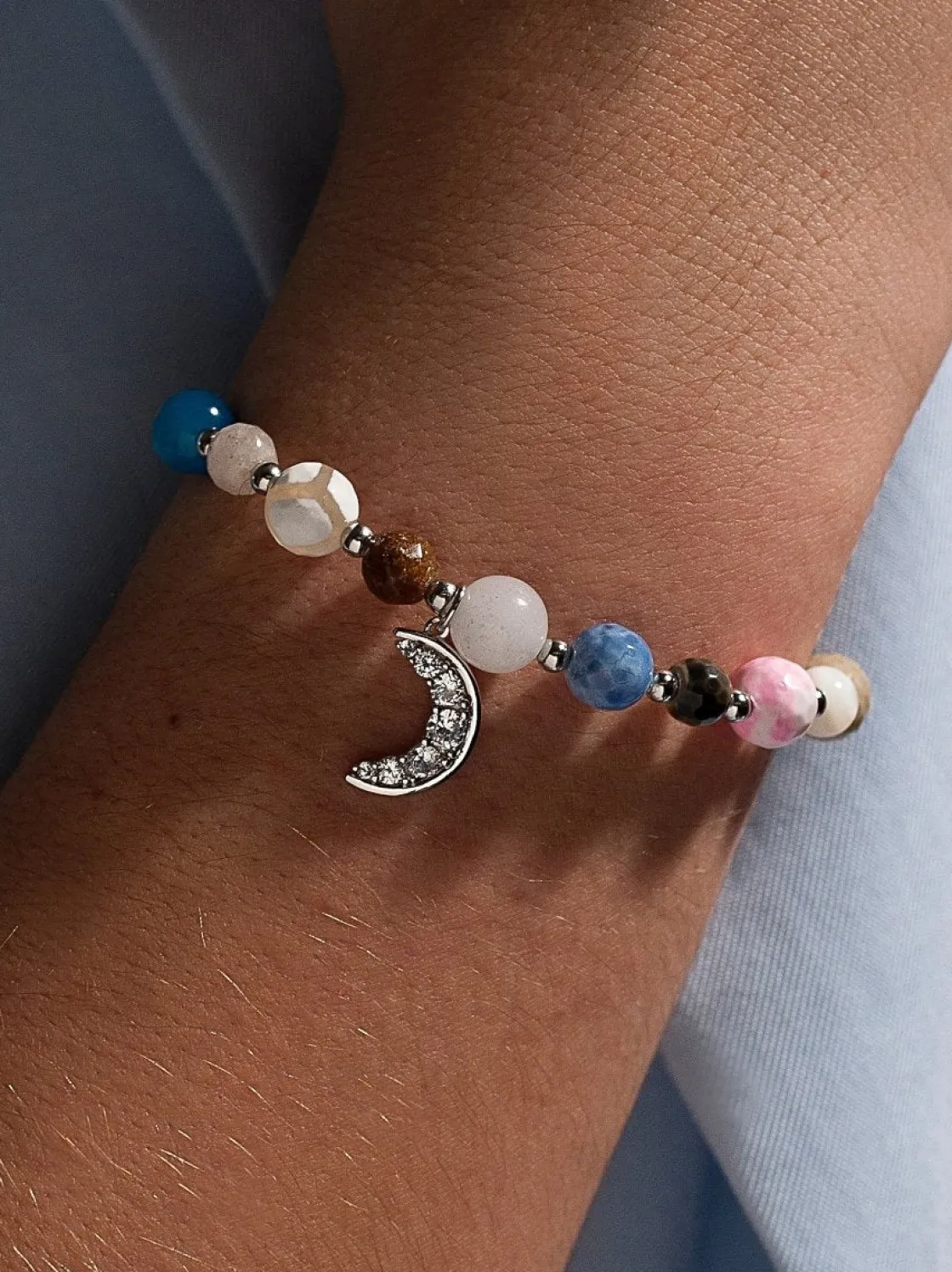 Pulsera De Bolas | Pulseras Con Colgantes | LINEARGENT Pulseras de bolas de plata charm de luna con brillantes y piedras semipreciosas