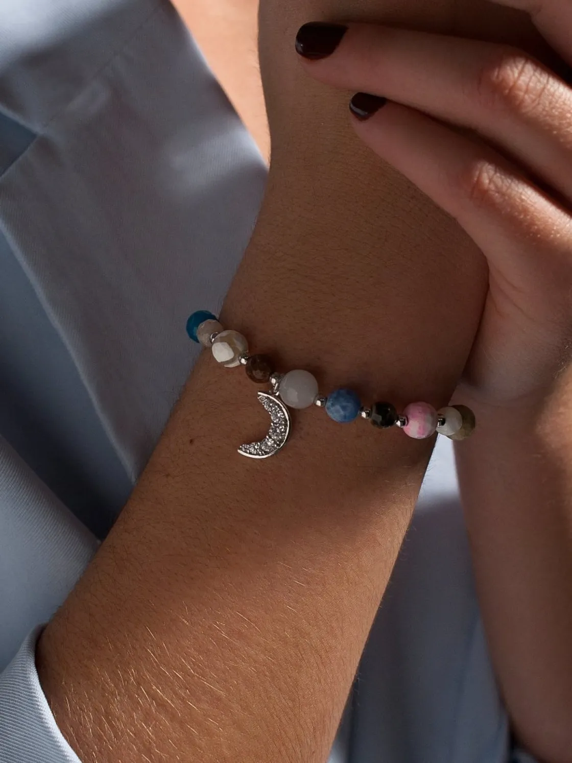 Pulsera De Bolas | Pulseras Con Colgantes | LINEARGENT Pulseras de bolas de plata charm de luna con brillantes y piedras semipreciosas