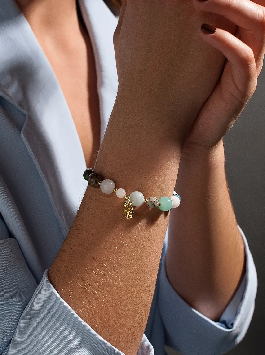 Pulsera De Bolas | Pulseras Con Colgantes | LINEARGENT Pulseras de bolas de plata charm de piña y piedras semipreciosas variadas