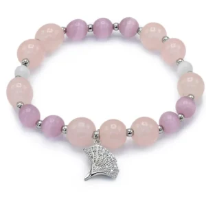 Pulsera De Bolas | Pulseras Con Colgantes | LINEARGENT Pulseras de bolas de plata cuarzo rosa y charm de flor abierta