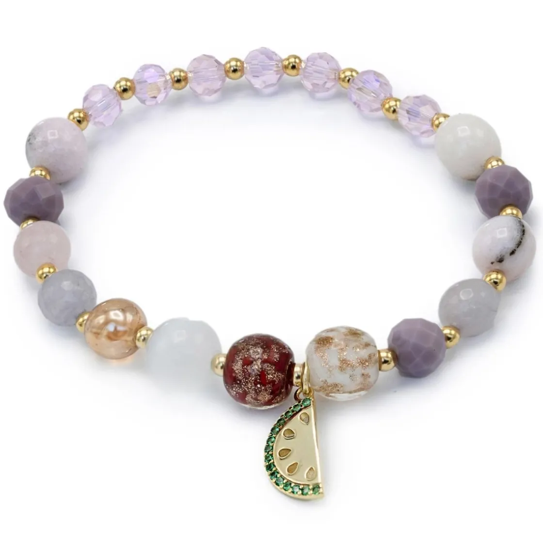 Pulsera De Bolas | Pulseras Con Piedras | LINEARGENT Pulseras de bolas de plata cuarzo rosa y charm de sandía