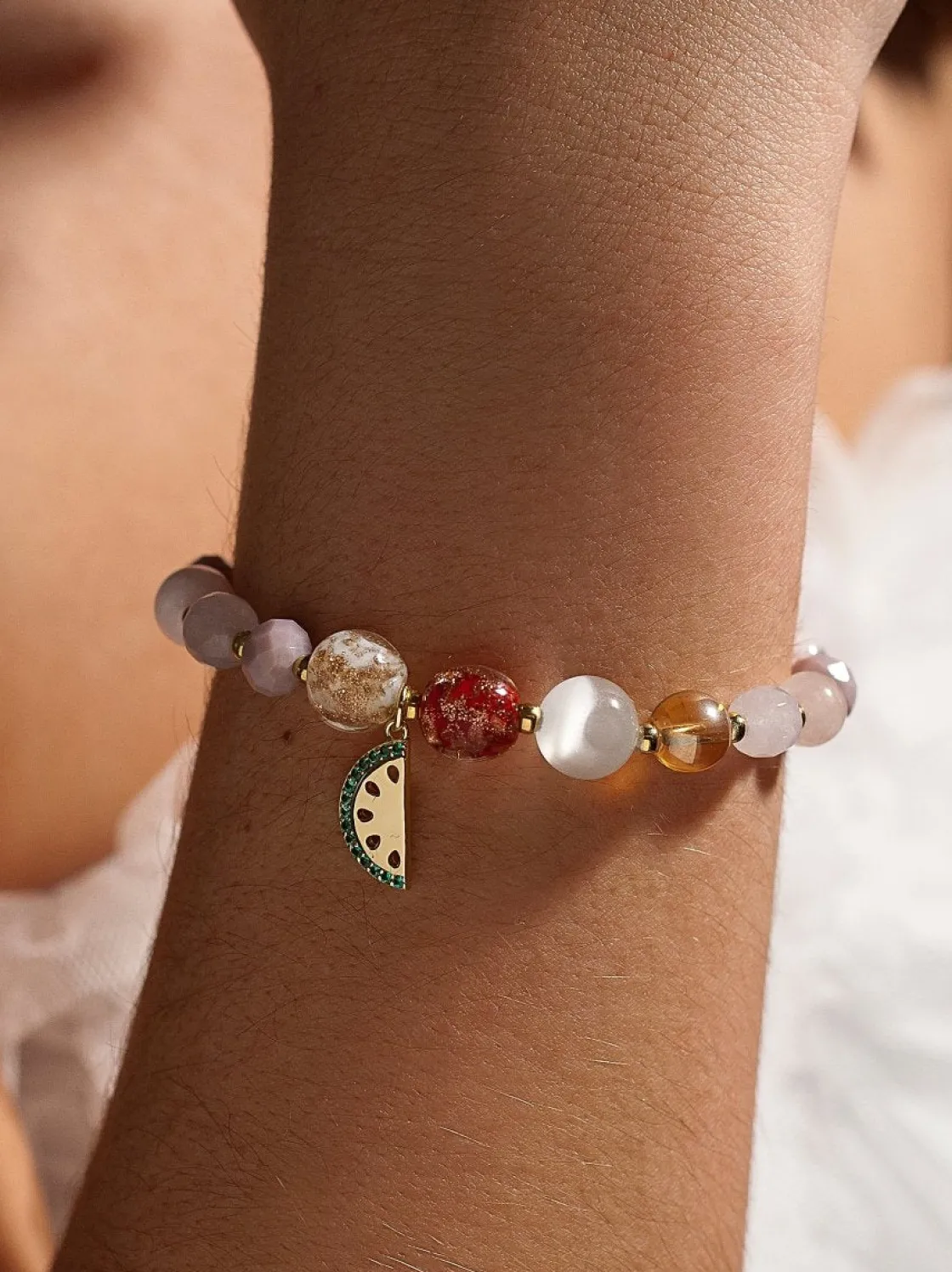Pulsera De Bolas | Pulseras Con Piedras | LINEARGENT Pulseras de bolas de plata cuarzo rosa y charm de sandía