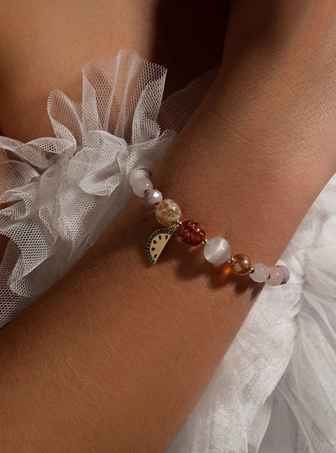 Pulsera De Bolas | Pulseras Con Piedras | LINEARGENT Pulseras de bolas de plata cuarzo rosa y charm de sandía