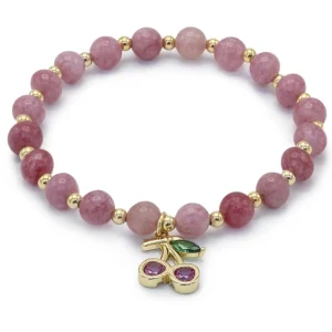 Pulsera De Bolas | Pulseras Con Colgantes | LINEARGENT Pulseras de bolas de plata de rodonita y charm de cereza con circointas
