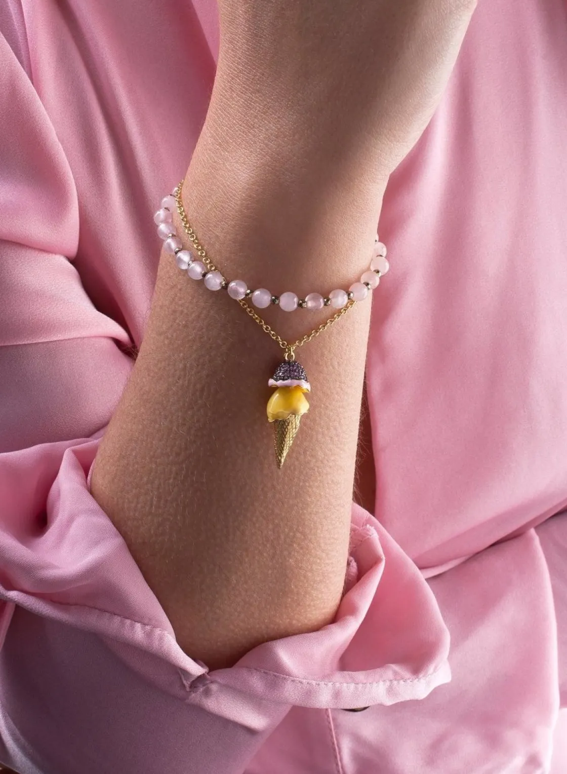 Pulsera De Bolas | Pulseras Con Colgantes | LINEARGENT Pulseras de bolas diseño doble en rosa con motivo de helado