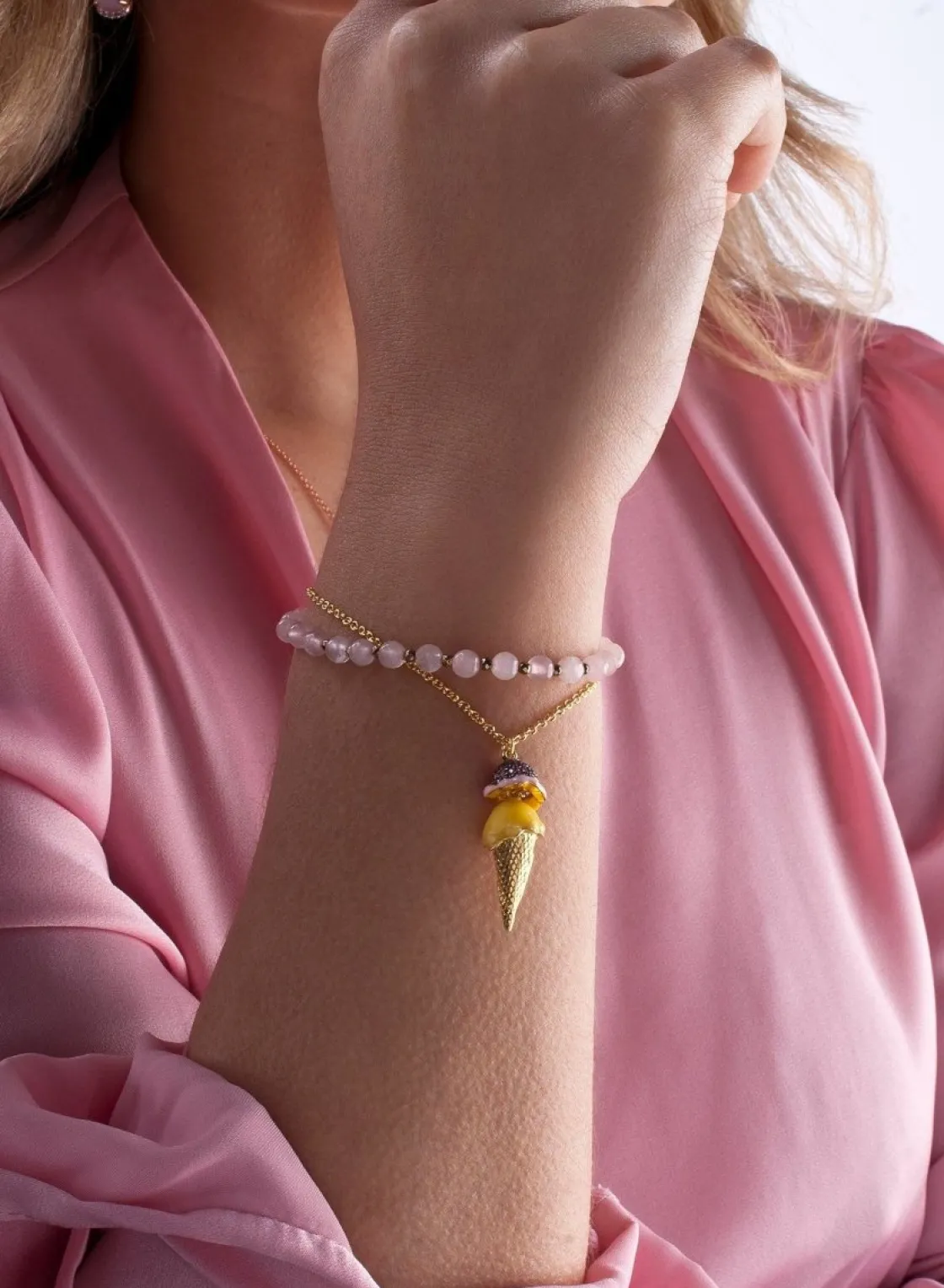 Pulsera De Bolas | Pulseras Con Colgantes | LINEARGENT Pulseras de bolas diseño doble en rosa con motivo de helado