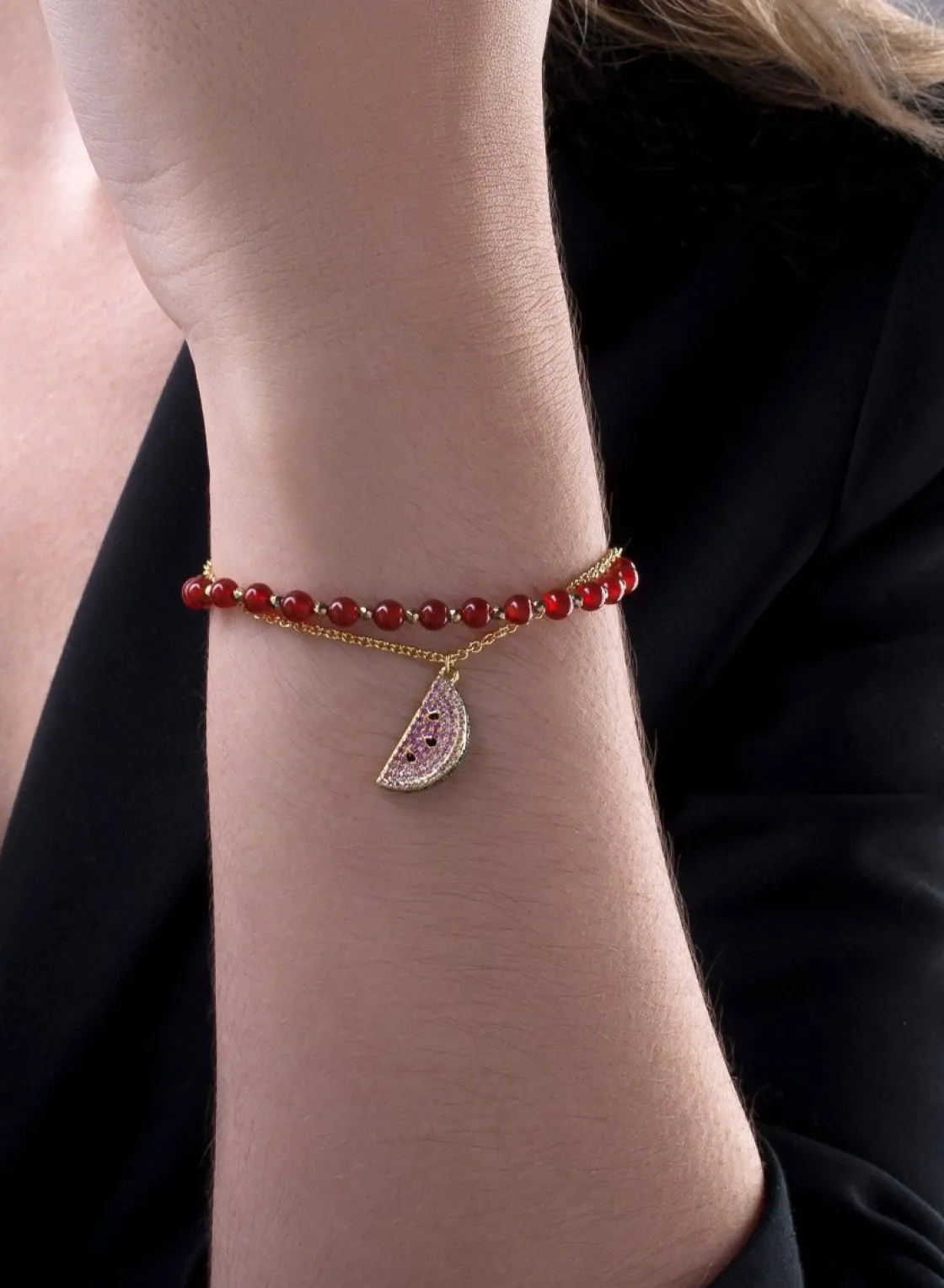 Pulsera De Bolas | Pulseras Con Colgantes | LINEARGENT Pulseras de bolas doble diseño en rojo con motivo de sandía