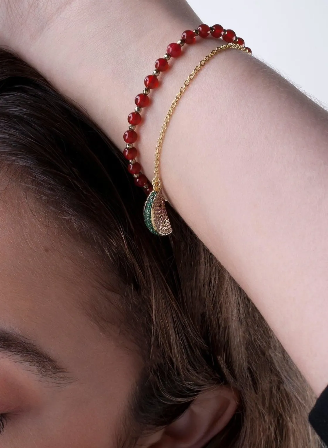 Pulsera De Bolas | Pulseras Con Colgantes | LINEARGENT Pulseras de bolas doble diseño en rojo con motivo de sandía