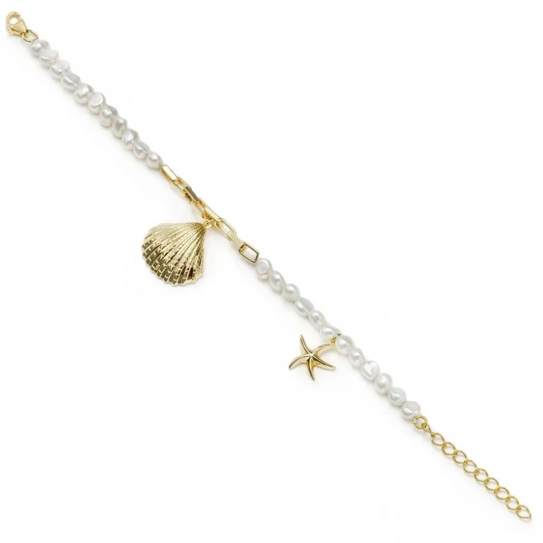 Pulseras Perlas | Pulseras Con Colgantes | LINEARGENT Pulseras de perlas en oro diseño charms de concha y estrella de mar