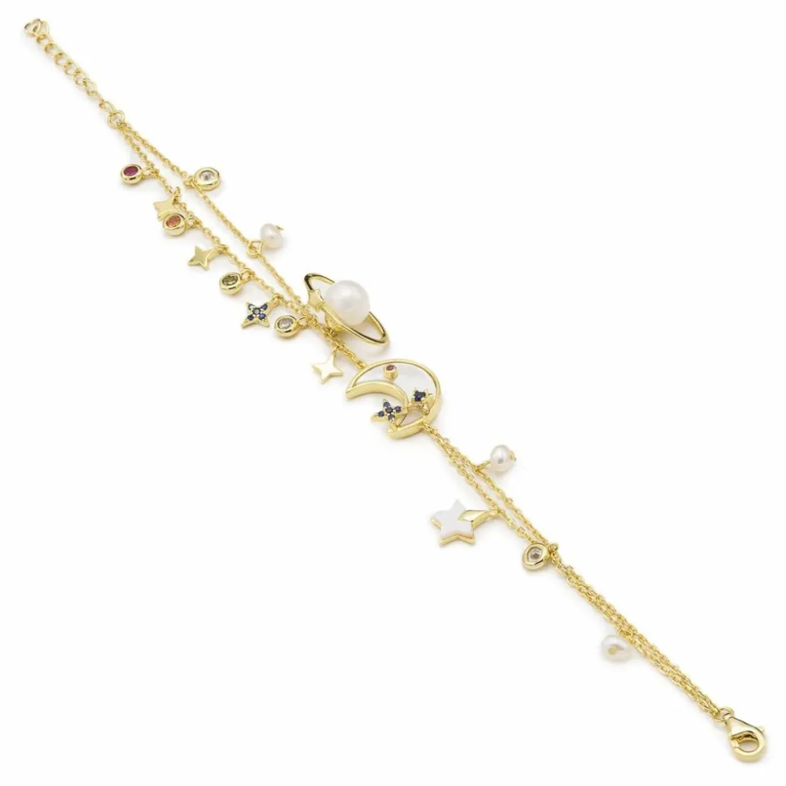 Pulseras Perlas | Pulseras Finas | LINEARGENT Pulseras de perlas en oro diseño múltples mini charms