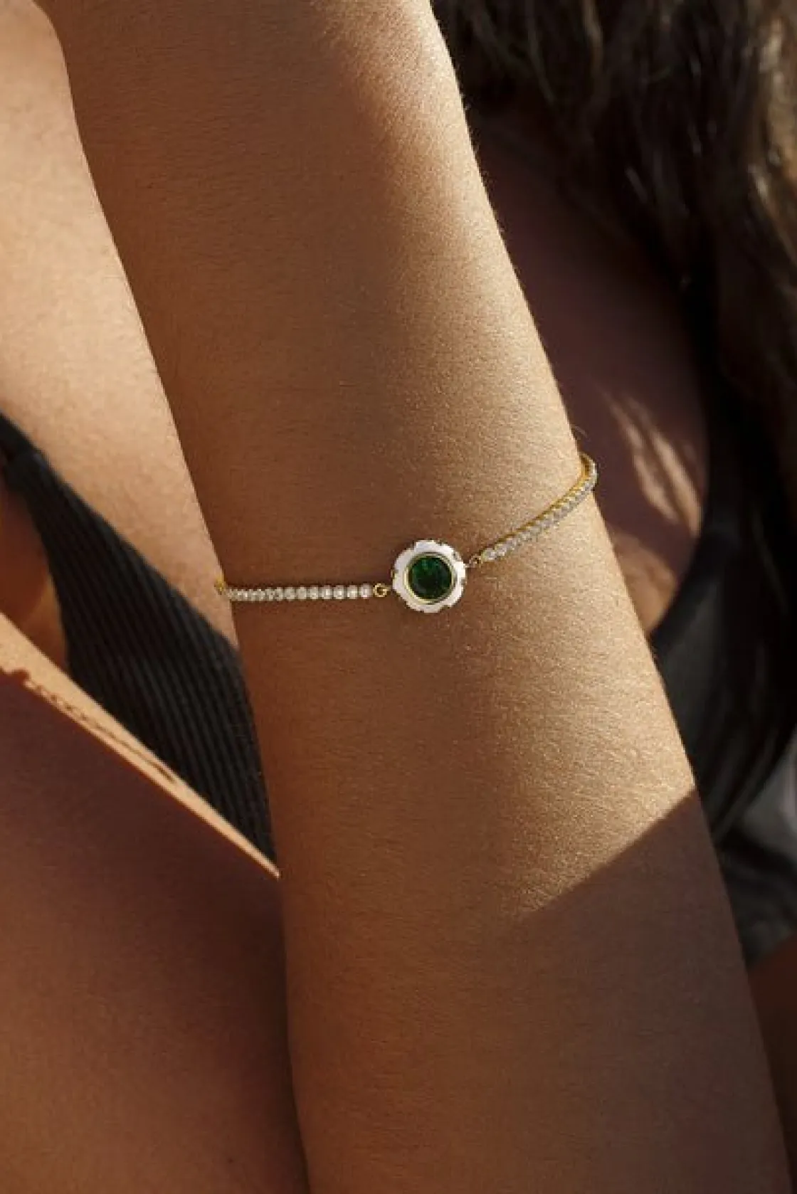 Pulseras Con Piedras | LINEARGENT Pulseras finas cadena de circonitas con gema central verde